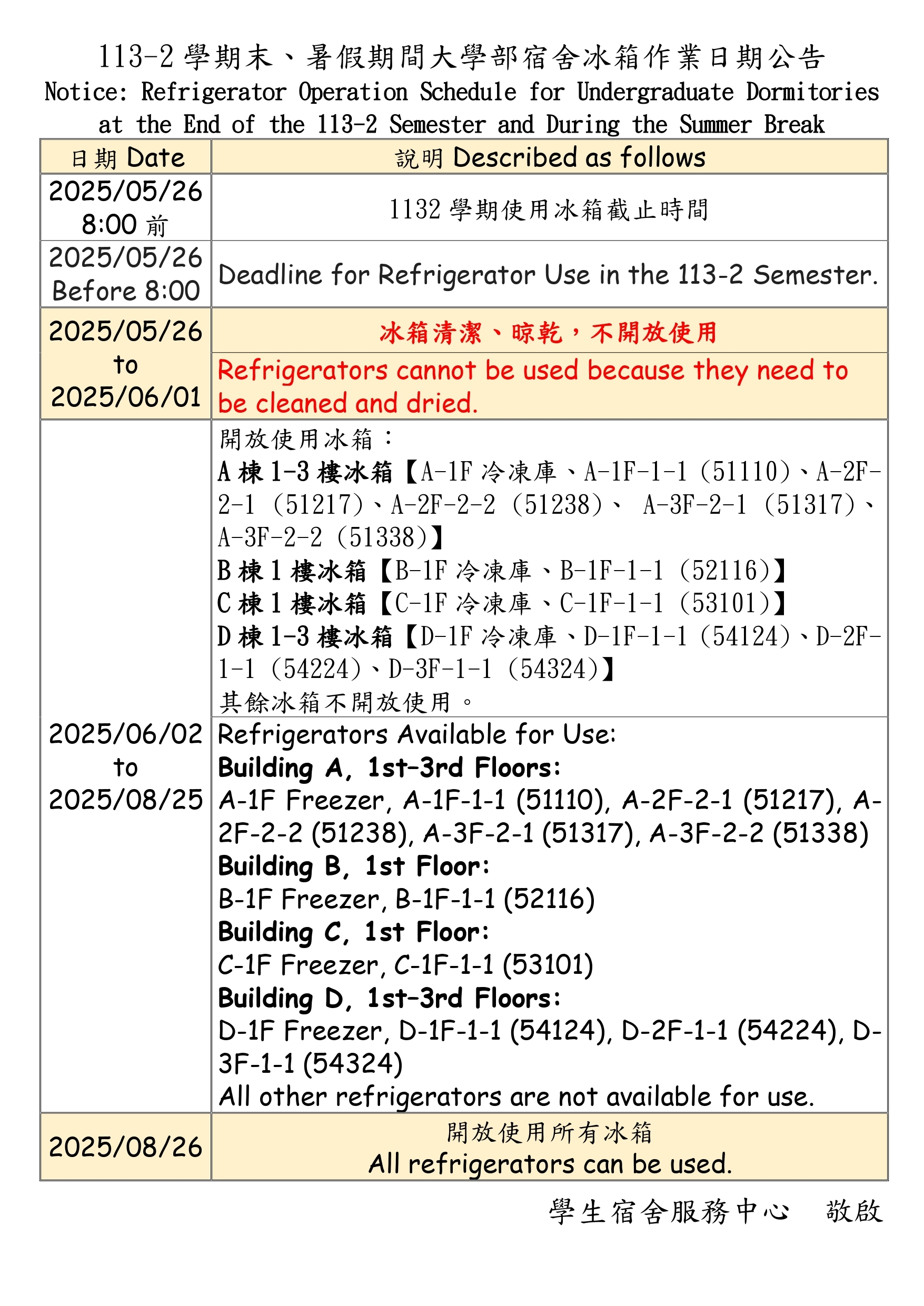 大學部宿舍清理冰箱期程